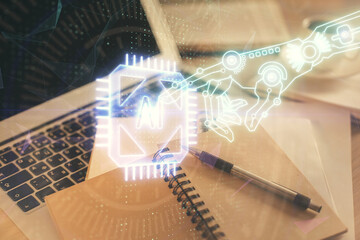 Double exposure of technology theme drawing and desktop with coffee and items on table background. Concept of data research.