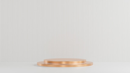 Golden circle podium for product presentation on white lath wall background minimal style.,3d model and illustration.