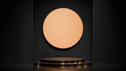 Black circle podium for product presentation on black lath wall background luxury style.,3d model and illustration.