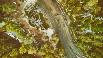 Yellowstone forest and river panoramic aerial view in summer season, Wyoming, USA