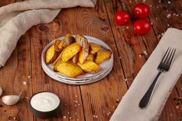 Potato wedges, fried, wooden background