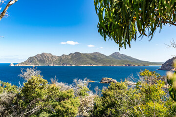 Panoramic view of Freycinet Peninsula, East Coast Tasmania, Australia, seen through bushes at Cape Tourville Lighthouse. Mount Graham and Mount Freycinet are the two highest peaks in the background.