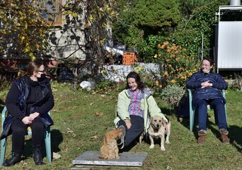 Naklejka na ściany i meble Family sitting and relaxing in the garden in sunny autumn with a domestic dog and cat