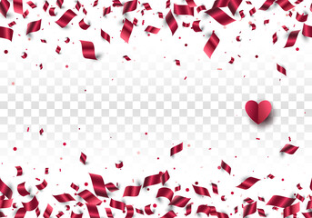 Paper confetti isolated on checkered transparent background. Festive overlay red foil scattered seamless border on horizontal. Vector tillable border. Layered