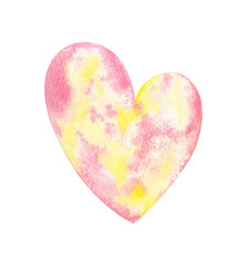 Valentine's day pink and yellow heart clip art. Watercolor hand drawn love day illustration isolated on white background. Cute design element for wedding, Valentine's day, invitation and more.