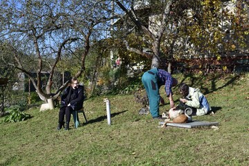 Family sitting and relaxing in the garden in sunny autumn with a domestic dog and cat