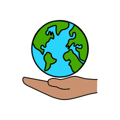 Drawing of earth on human hand on white background. World on people hand.