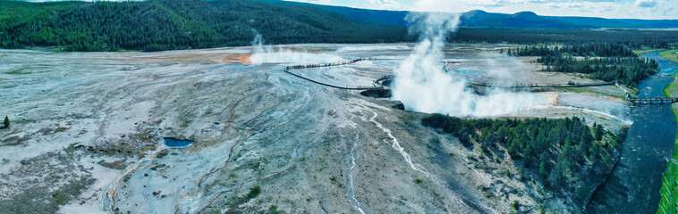 Aerial view of Yellowstone Black Sand Basin in summer season, Wyoming, USA