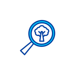 Plant search magnifying glass icon in blue color style