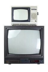 Two vintage televisions isolated on a white background.