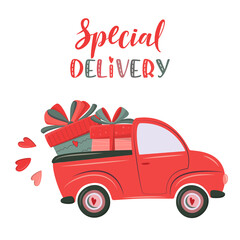 Cute retro car delivering gift. Special delivery lettering. Birthday, Valentine's day or other holidays concept. Romantic vector illustration in flat cartoon style. For card, sale banner, invitation