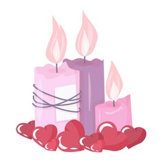 three candles with hearts. An element of decor for valentine's day in pastel colors. vector illustration drawn in cartoon style isolated on white background