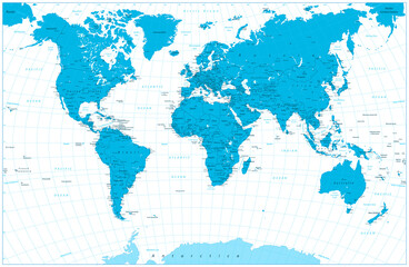 Blue color World Map highly detailed illustration