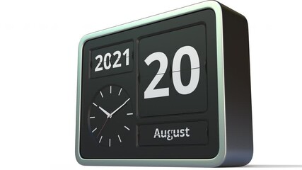 August 20 date on the flip clock calendar, 3d animation