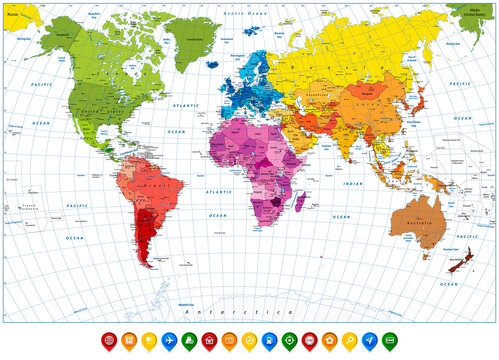Detailed World Map spot colors and colorful map pointers