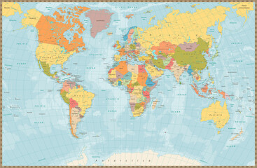 Large detailed vintage color political World Map with lakes and rivers
