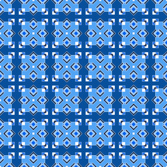 Oriental seamless pattern in blue colors and shades, the intersection of rhombuses and squares with a white outline.