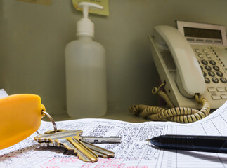 Office equipment on the desk and healthcare device.working in office concept stock image.
