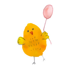 Funny yellow chicken with a red air balloon on a white background.