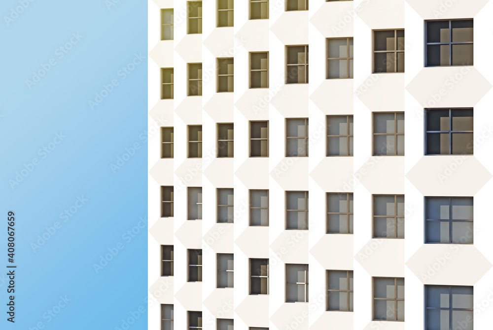 Poster wall of a building with identical square windows