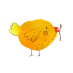 Funny yellow chicken with a worm in its beak.