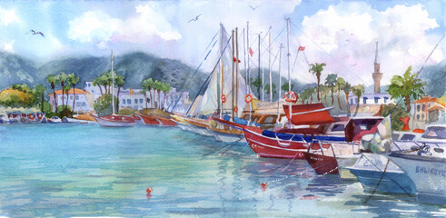 Fototapeta na wymiar Watercolor Yachts in Bodrum Harbor. Yachts in the port, sea bay. Town on the coast of Aegean Sea. Illustration, traditional painting. 