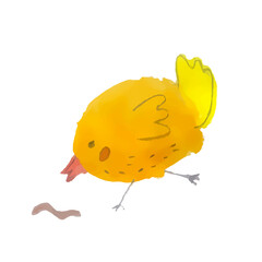 A funny yellow chicken runs after the worm.