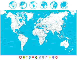 Fototapeta na wymiar White color World Map and navigation icons highly detailed illustration