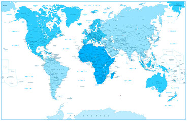 World Map and continents in colors of blue isolated on white