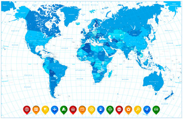 Fototapeta na wymiar World map in colors of blue and colorful map pointers