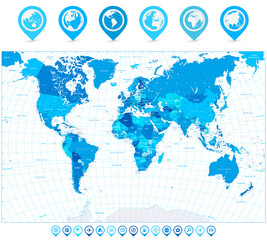 Fototapeta na wymiar World Map in colors of blue and map pointers