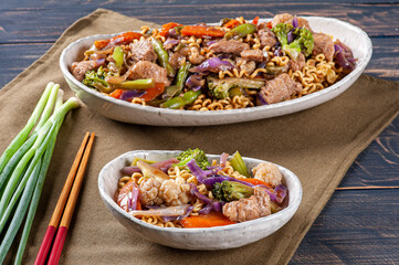 .Yakisoba, famous Japanese fried noodles, with meat and vegetables.