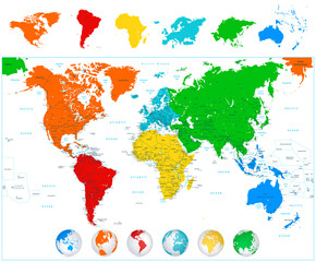 Fototapeta na wymiar World map with colorful continents and 3D globes.