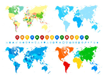 Fototapeta na wymiar World maps collection and navigation icons in different colors and its different assignment