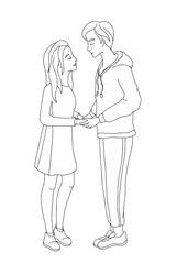 Fototapeta na wymiar Young man and woman couple holding hands and kissing. Hand-drawnind vector illustration 