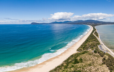 High angle aerial drone view of the Neck, an isthmus of land connecting north and south Bruny...