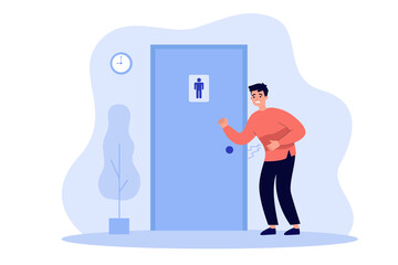 Unhappy man suffering from diarrhea, knocking public bathroom door. Vector illustration for stomach ache, toilet need, belly disease concept