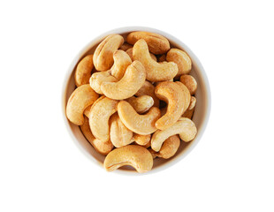 Top view of Roasted Cashew nuts in white cup isolated on white background with clipping path