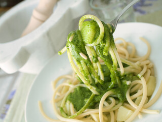 Genoese pasta topped with pesto and added boiled potatoes