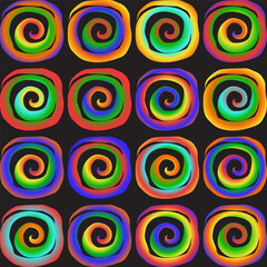 Bright hippie-style pattern made of rainbow spirals on a black background