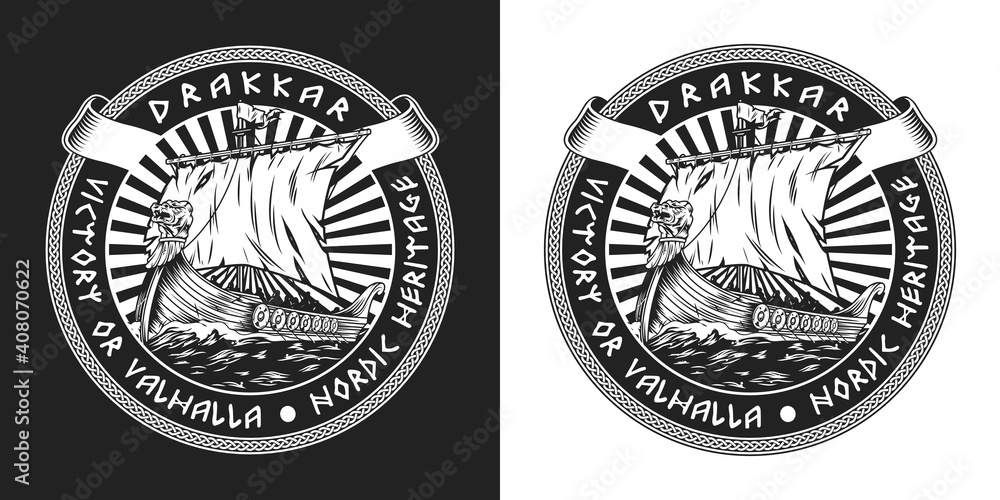 Sticker viking drakkar ship vintage round label