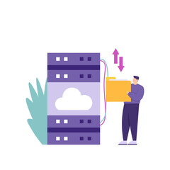 a concept of cloud storage server technology. illustration of a man wanting to back up data or upload data to a device or online storage provider website. flat style. vector design element