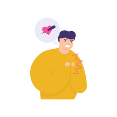 a man has a heart attack, holds the chest because of heart or lung disease. illustration of an unhealthy or sick person. cholesterol symptoms. flat style. vector design element.