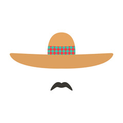 Mexican in a sombrero. Mexican man with colored hat and mustache. Vector icon.