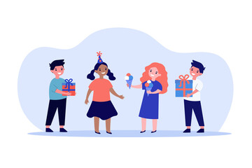 Fototapeta premium Cute children celebrating birthday together. Ice cream, gift, friend flat vector illustration. Holiday and celebration concept for banner, website design or landing web page