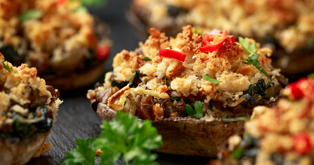 Stuffed mushrooms with spinach, bread crumbs and cheese on stone board