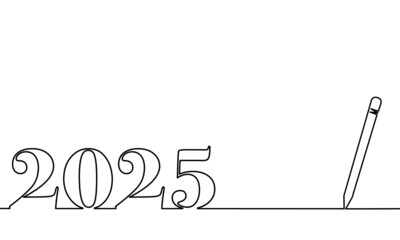 One line drawing style with a pen on the right and 2025 on the left, the year of the lord. Concept about writing, simply, yearly, celebrating, anniversary and etc. 