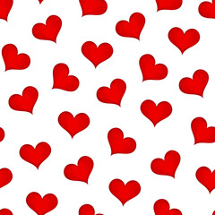 Romantic seamless pattern with red hearts, on white isolated background.