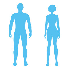 Male and female human character, people man woman front and view side body silhouette, isolated on white, flat vector illustration.