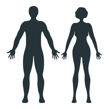 Male and female human character, people man woman front and view side body silhouette, isolated on white, flat vector illustration.